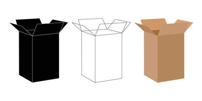 Open Cardboard Box Illustration in Black, Line, and Color Variations vector