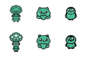A collection of cartoon characters, including a penguin, a cat, and a broccoli vector