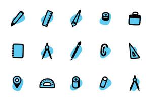 This set of simple, hand-drawn icons depicts various school supplies in a child-friendly style. vector