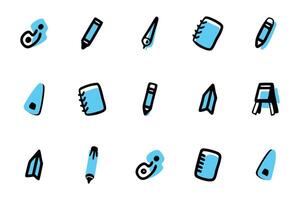 A collection of simple, cartoon-style icons representing various school supplies. vector