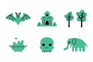 A green and white image of a variety of cartoonish creatures, including a bat vector