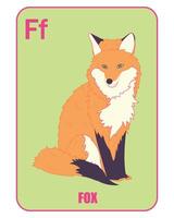 Flashcard design for kids Letter F with a cute fox illustration and the word Fox below. Education vector