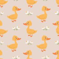 Seamless pattern with cute ducklings and daisies. Background for baby clothes. Print vector