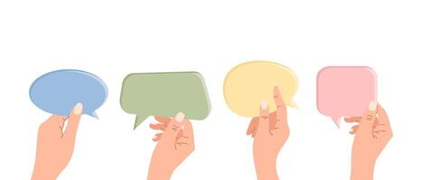 Different people hands holding speech bubbles. Illustration in flat style. vector