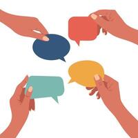 Different hands holding speech bubbles. Illustration in flat style. vector