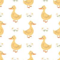 Seamless pattern with cute ducklings and daisies on a white background. Background for baby clothes. Print vector
