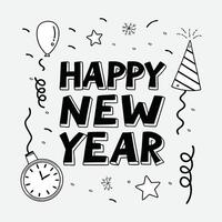 a black and white picture of a clock with the words happy new year on it. vector