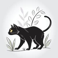 a black cat with a yellow eye is standing in the grass. vector