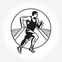 a black and white drawing of a man running with a bag in his hand. vector