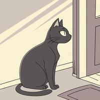 a cartoon of a black cat sitting in front of a door vector