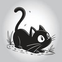a black cat with a big black tail sits in the grass vector