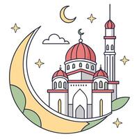 a drawing of a mosque with a moon and a mosque on the top. vector