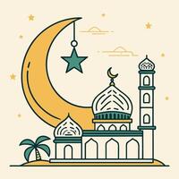 a drawing of a mosque with a palm tree and a mosque on the top. vector