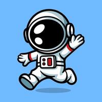 fun running astronaut waving cartoon character isolated colored drawing line art style sketch classic vintage design illustration vector