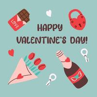 Flat style Valentine's Day card featuring a bouquet of tulips, chocolate bar, heart lock with keys, and champagne bottle. Perfect for romantic celebrations, greeting cards, and festive designs. vector