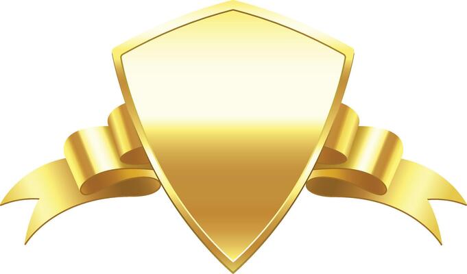 Golden shield with a ribbon wrapping around it, conveying concepts of security, prestige, award, recognition, and achievement, suitable for various design purposes