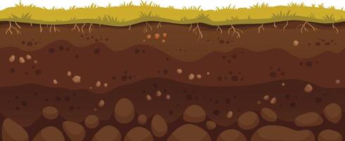 Green grass growing on brown soil layers with visible roots and rocks, representing a healthy and fertile ground perfect for agriculture and gardening vector