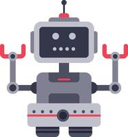 Cartoon robot waving with claw hands, featuring an antenna on its head, a screen face and a camera on its chest, embodies a playful and futuristic concept vector