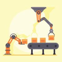 Automated robotic arms lifting and moving boxes on an assembly line inside a factory, representing automation, industry 4.0, artificial intelligence and smart manufacturing vector