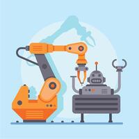 Articulated robotic arm building another funny robot, both standing on a production line inside a modern factory, with a light blue background and a shadow of the arm vector