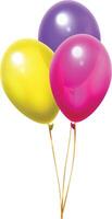 Three colorful balloons, yellow, fuchsia and violet, floating with gold ribbons on a white background, creating a festive and cheerful atmosphere vector