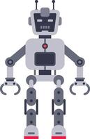 Futuristic robot character standing still with claw hands, antennas and red highlights on white background, artificial intelligence concept in flat design style vector