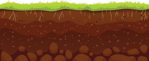 Cartoon illustration of soil layers with grass growing on top, roots visible underground, and stones at the bottom, representing a healthy ecosystem vector
