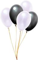 Bunch of inflated black and white balloons floating gracefully with shimmering gold ribbons, creating a festive atmosphere for a party or birthday celebration against a clean white background vector