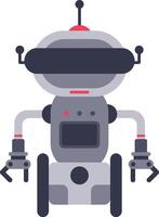 Modern gray robot with wheels, grippers and a screen on its chest is standing still and ready to perform tasks, showcasing advanced robotics and artificial intelligence vector