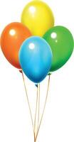 Four colorful balloons, orange, yellow, green and blue, floating with golden ribbons on a white background, creating a festive and cheerful atmosphere vector