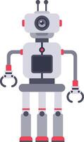 Futuristic robot standing on three legs with mechanical arms holding claws, featuring a camera eye and a central processing unit, representing advanced technology and automation vector
