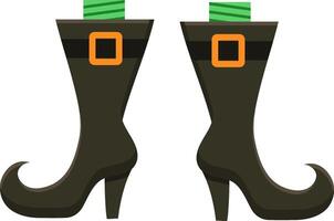 Pair of witch's boots with green socks and orange buckles standing on a white background, creating a spooky and festive Halloween atmosphere vector