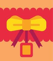 Yellow bow with purple ribbons holding a red and orange tag hanging from a red wavy border on an orange background, simple illustration vector