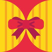 Gift box wrapping paper featuring vibrant yellow and orange vertical stripes, adorned with a striking red and purple bow, creating a lively and festive atmosphere for celebrations vector