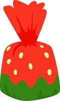 Red wrapped candy with yellow dots and green bottom part, resembling a strawberry, isolated on a white background, perfect for projects related to sweets, treats, or celebrations vector
