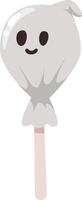 Ghost shaped lollipop smiling, wrapped in plastic and mounted on a stick, perfect for decorating a halloween party with a touch of sweetness vector