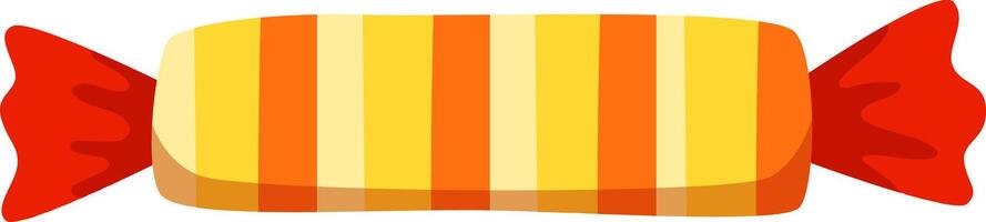 Rectangular hard candy featuring vibrant orange and yellow stripes, wrapped in shiny red paper, eagerly waiting to be unwrapped and savored for a delightful treat vector