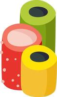 Three colorful cylindrical candies with holes in the center forming a stack, isolated on a white background, perfect for projects related to sweets, candy shops, or confectionery vector