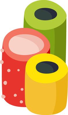 Three colorful cylindrical candies with holes in the center forming a stack, isolated on a white background, perfect for projects related to sweets, candy shops, or confectionery