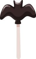 Chocolate lollipop shaped like a bat with spread wings, sitting on a wooden stick, creating a delightful treat for celebrating Halloween with a touch of sweetness and fun vector