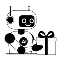 Line illustration chat bot, robot with gift isolated white background vector