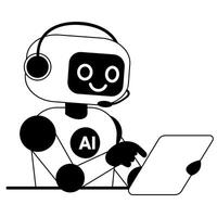 Line illustration smiling chat bot with tablet isolated white background vector