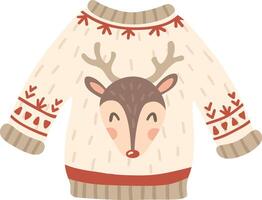 Warm and festive Christmas sweater featuring a cheerful, smiling reindeer design, creating a cozy atmosphere for holiday celebrations and embracing the joyful winter spirit vector