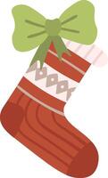 Red Christmas stocking adorned with a green bow and geometric patterns, resting on a white background, eagerly anticipating the joy of being filled with festive gifts vector
