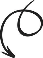 Simple, hand drawn, black arrow is pointing down, making a loop and a flourish, isolated on a white background, conveying a sense of direction and movement vector