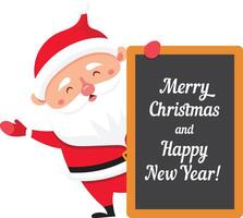 Cartoon Santa Claus joyfully displaying a blackboard featuring a cheerful Merry Christmas and Happy New Year message, perfect for a festive greeting card template vector