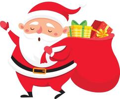 Santa Claus is depicted in a cheerful pose, waving with one hand while carrying a large red bag overflowing with colorful wrapped Christmas gifts, radiating the festive spirit of Christmas vector