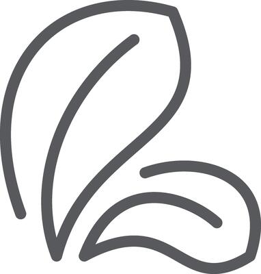 Two simple gray leaves overlapping each other, forming a logo, icon or symbol, representing nature, growth, or organic products, with a clean and minimalist design