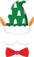 Christmas elf wearing a whimsical green hat adorned with white Christmas trees and a cheerful red bow tie, adding festive charm to holiday illustrations and greeting cards vector