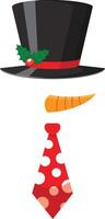 Snowman face accessories featuring a black top hat with red ribbon and holly, a carrot nose, and a red polka dot tie, isolated on a white background for Christmas projects vector